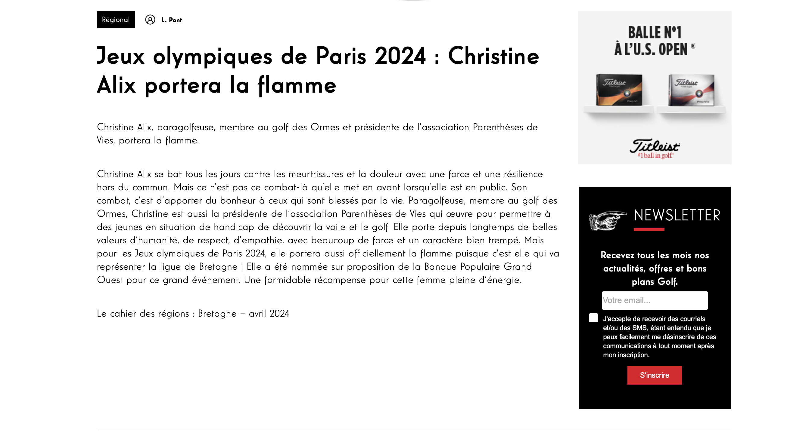 Photo d'un article du Mulligan sur Christine Alix qui portera la flamme olympique.